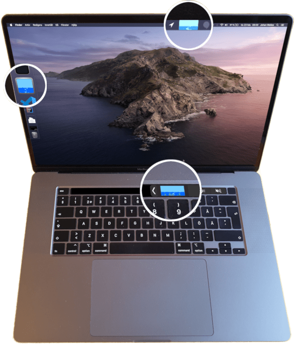 A MacBook running Bubblemon in the Dock, in the Touch Bar and in the Menu Bar